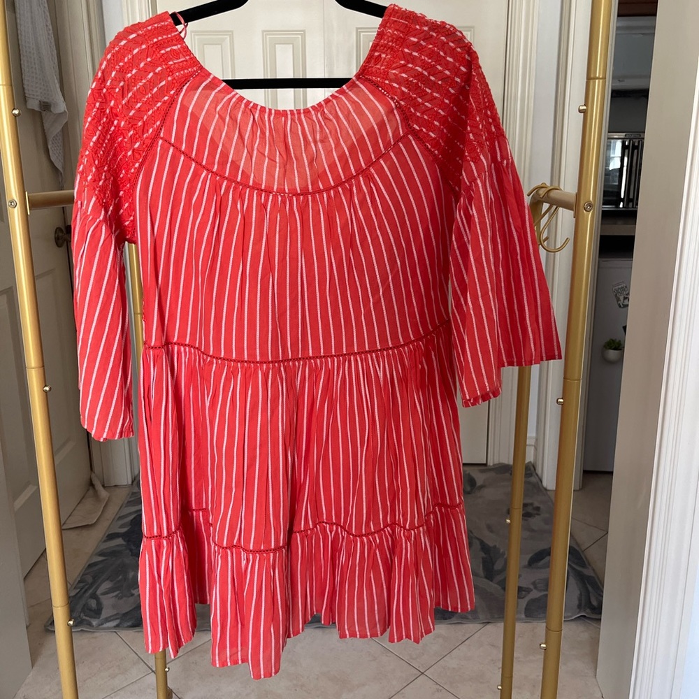 Never worn- Free People orange and white striped dress with embroidered detail
